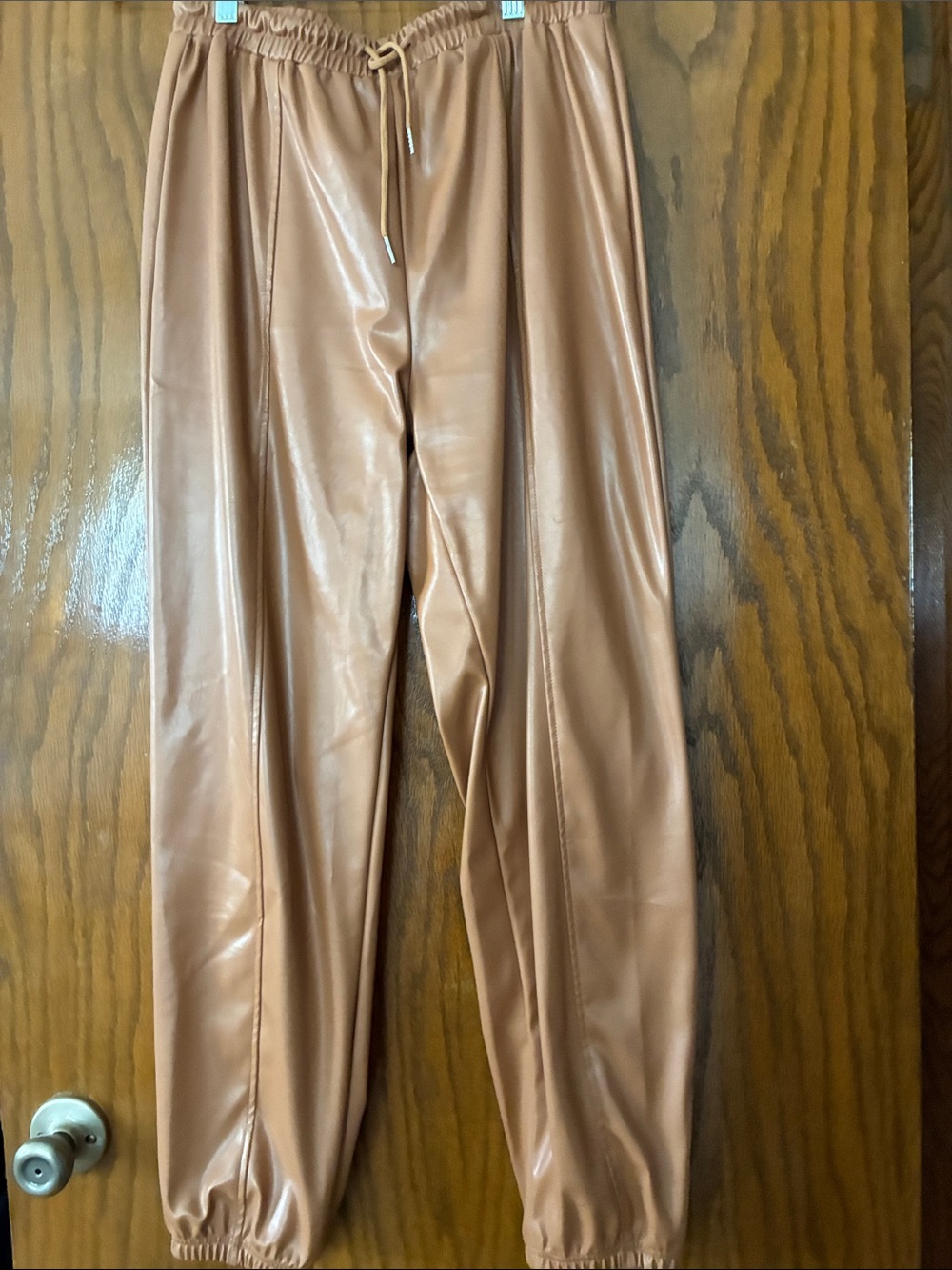 Faux Leather Jogger Pants - Brown